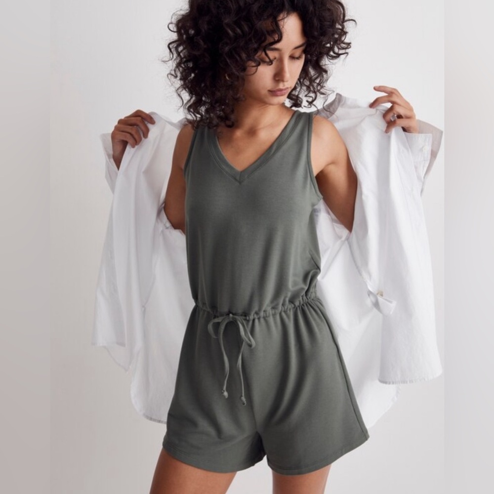 Madewell MWL Forest Green Sleeveless Drawstring Romper Sz L (Retail $75)